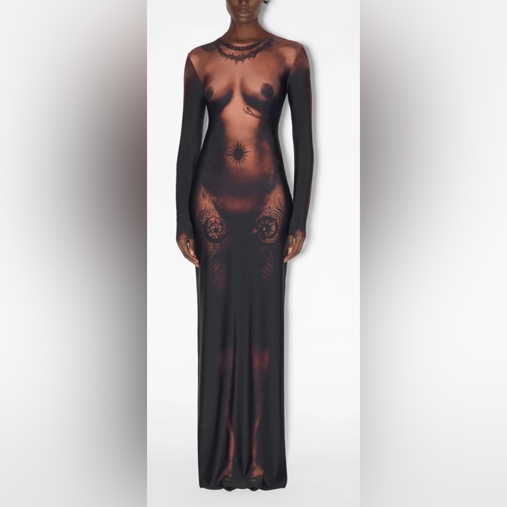 Jean Paul Gautier The Long Ebony Body Tattoo Dress Dark Nude Size S